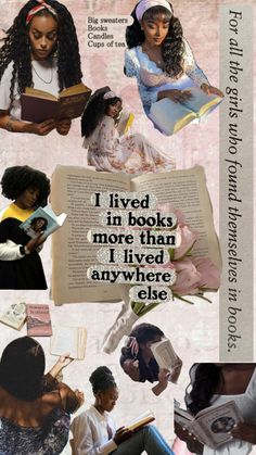 the collage shows different images of people reading books