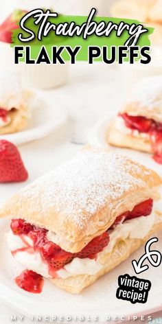 strawberry flaky puffs on a plate with strawberries