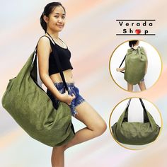 This bag made from beautiful woven cotton. This sturdy and durable bag is useful and big enough for all your daily essentials. The strap is long, it can be cross-body or sling over your shoulder. Material: Cotton and Polyester Color: Green 🎯Feature :  Shoulder bag style Backpack style  1 interior zipper pocket 📐Measurements: Top wide: zipper opening approx 18" Bottom wide:  29"  Height:  18"  Strap:  40" (from one side to the other side) (This is handmade bag, the measurement may be different Versatile Green Backpack Shoulder Bag, Eco-friendly Green Hobo Bag For Travel, Green Duffle Bag With Adjustable Strap, Green Duffle Shoulder Bag With Adjustable Strap, Green Duffle Bag With Adjustable Strap For Daily Use, Green Travel Hobo Bag With Top Carry Handle, Green Shoulder Duffle Bag For Everyday Use, Green Shoulder Duffle Bag, Green Backpack Shoulder Bag With Top Carry Handle