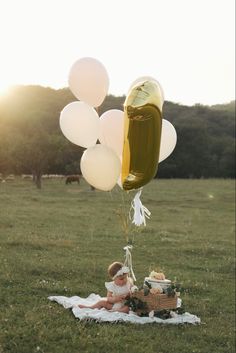 a baby is sitting on a blanket in the grass with balloons attached to it,