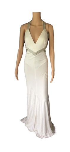 For Sale on 1stDibs - Roberto Cavalli Embellished Cutout Plunged Décolleté Open Back White Evening Dress Gown IT 40 Sheer Bodice Fitted V-neck Gown, Embellished Backless Gown, Backless Embellished Maxi Dress For Wedding, Fitted V-neck Maxi Dress With Sheer Bodice, White Embellished V-neck Gown, White Embellished V-neck Maxi Dress, White Evening Dress, Dress Gown, Roberto Cavalli