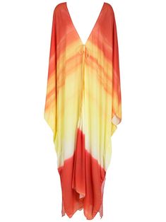 Orange/yellow; V-neck; all-over print; loose fit. Printed Beach Dresses, Dress Orange, Yellow Print, Beach Dress, Resort Wear, Orange Yellow, Kimono Top, Wrap Dress, Bell Sleeve Top