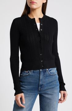 This cozy button-front cardigan comes in Madewell's soft, lacy semi-open Signature Knit. With a flattering slim fit, it has ruffled cuffs that add a playful finishing touch. 20 1/2" length Front button closure Crewneck Long sleeves 72% Lenzing™ EcoVero™ viscose, 28% polyester Lenzing EcoVero viscose is a more-sustainably produced fiber made using pulp made from renewable wood sources Machine wash, tumble dry Imported Button Front Cardigan, Favorite Daughter, Open Knit Cardigan, Platform Slippers, Maternity Shops, Designer Clothes For Men, Modern Outfits, Open Knit, Toddler Girl Outfits