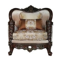 an ornate wooden chair with pillows on the armrests and back cushions, against a white background