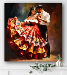 a painting of a man and woman dressed in mexican attire dancing the flamenco dance