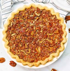 a pecan pie on a white plate surrounded by pecans