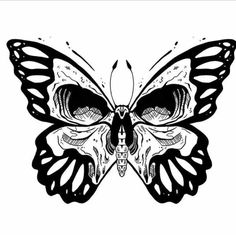 a black and white drawing of a butterfly with skull eyes on it's wings