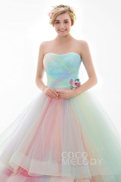 A Line Court Train Tulle Wedding Dress JWLT15067 | Cocomelody Garden Weddings, Rainbow Wedding, White Evening Dress, Wedding Dresses Corset, Wedding Fabric, Feminine Dress, Tulle Wedding, A Line Gown, Tulle Wedding Dress