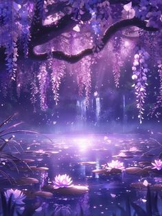 purple flowers floating on top of water in front of a forest filled with lily pads