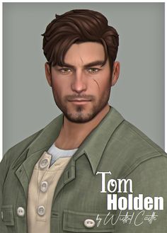 a man is wearing a green jacket and white t - shirt with the name tom holder on it