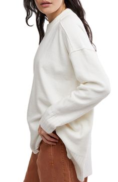 Dropped shoulders lend to a slouchy fit on this woolly longline sweater anchored by ribbed trim. Crewneck Long sleeves Ribbed cuffs and hem Side slits 51% nylon, 37% acrylic, 6% wool, 6% elastane Hand wash, dry flat Imported Longline Sweater, High Low Tunic, Sweater White, Tunic Sweater, Oversized Sweater, Layered Look, Staple Pieces, Soft Knits, Pullover Sweater