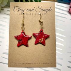 Clay And Simple Star Earrings. Made With Premium Polymer Clay And Hypoallergenic Materials. Star Design With Gold Flakes. Sealed With Resin For Durability And Shine. Made With Lightweight Materials. Handcrafted Myself I Hope You Enjoy Them As Much As I Do! Handmade Red Star Jewelry, Red Star-shaped Jewelry For Gift, Red Star-shaped Jewelry Gift, Red Star-shaped Jewelry For Parties, Red Star-shaped Party Jewelry, Red Star-shaped Earrings For Party, Red Star-shaped Party Earrings, Nickel-free Red Star Earrings, Red Star-shaped Nickel-free Earrings