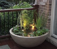 a large white bowl filled with plants on top of a wooden table next to a window