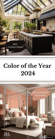 an open kitchen and living room with the words color of the year 2094