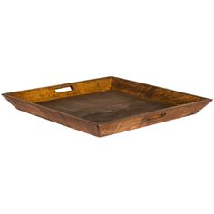 a wooden tray with handles on the bottom is shown in brown wood and has a square shape