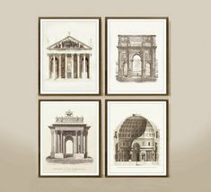 four different architectural drawings are displayed on the wall