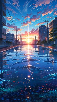 the sun is setting over an empty swimming pool in front of tall buildings and power lines