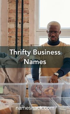 two men standing next to each other in front of plastic containers filled with food and the words thrift business names