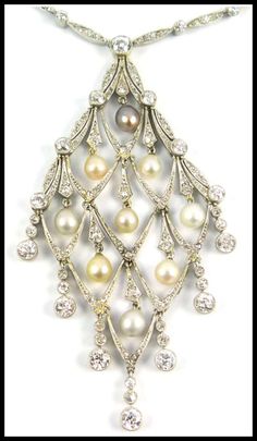 Pendant detail: Edwardian diamond and pearl lozenge-shaped necklace, circa 1905. Via Diamonds in the Library. Diamond And Pearl Necklace, Pearl And Diamond Necklace, Bridesmaid Earrings, The Library, Bridesmaid Jewelry