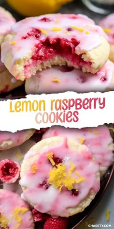 lemon raspberry cookies with icing and fresh strawberries are on a plate