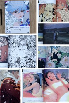 an open book with pictures of people and flowers on the pages, in different positions