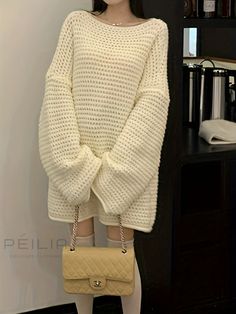 Peilia - Premium Quality Womens Solid Loose Knitted Pullover Sweater with Long Sleeves - Perfect for Cozy and Fashionable Fall and Winter Wardrobe Cozy White Knit Sweater Dress, White Crew Neck Sweater Dress For Winter, Beige Long-sleeve Knitting Pattern, Beige Long Sleeve Knitting Pattern, Long Sleeve Beige Knitting Pattern, White Knitted Acrylic Sweater, Oversized White Acrylic Sweater, Oversized Knitted Sweater In Winter White, Oversized Knitted Winter White Sweater