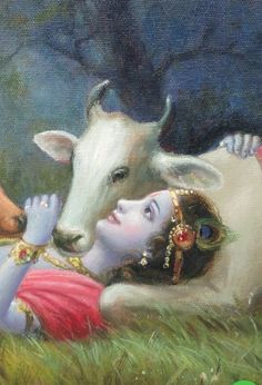 a painting of a woman laying on the ground next to a cow