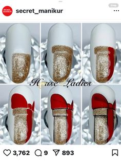 Christmas Present Nail Art, Christmas Nail Designs Acrylic, Christmas Present Nails, Beginner Nail Designs, Bow Nail Designs, Christmas Nail Art Ideas, Santa Faces, Xmas Nail Art