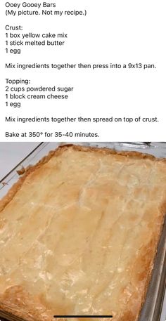 an uncooked pie sitting on top of a baking pan with instructions for how to bake it