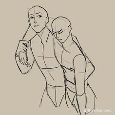 a drawing of two people standing next to each other with their arms around one another