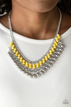 Threaded along dainty silver rods, stacks of sunny yellow stone beads give way to a row of shiny silver beads, creating an earthy fringe below the collar. Features an adjustable clasp closure. Sold as one individual necklace. Includes one pair of matching earrings. Yellow Necklace, Rainbow Jewelry, Silver Bead Necklace, Sunny Yellow, Yellow Stone, Paparazzi Accessories, Paparazzi Jewelry, Shiny Silver, Jewelry Lover