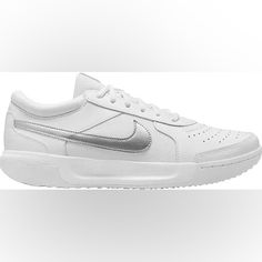 These Beautiful Sneakers Are Very Comfortables Made In Leather On The Upper Provides Durability And Adds A Premium Look Mesh On The Sides Adds Breathability Stretchy Internal Sleeve Hugs Your Foot For A Sock-Like Fit. Nike Tennis Sneakers With Round Toe, Nike Low-top Slip-resistant Sneakers, White Nike Slip-resistant Sneakers, Nike White Slip-resistant Sneakers, Shoes Color, White Nikes, Tennis Shoes, White Silver, Womens Shoes Sneakers