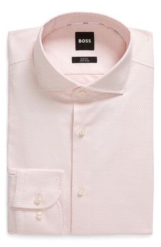 Patterned in tiny geometrics, this dress shirt tailored from crisp cotton features a touch of stretch and a versatile look that elevates any casual outfit. French cuffs Cutaway collar Rounded, adjustable button cuffs 98% cotton, 2% elastane Machine wash, dry flat Imported Cutaway Collar, Tailored Shirts, Stretch Dress, Casual Outfit, Dress Shirt, Casual Outfits, Nordstrom, Slim Fit, Collar