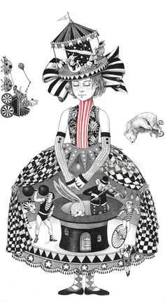 a black and white drawing of a woman sitting on top of a table surrounded by cats