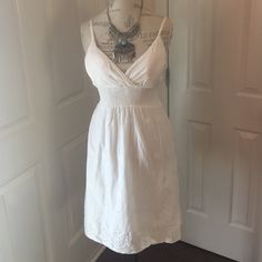 Really Cute White Ladies Eyelet Dress. With Lining And Added Support For Bust. Dress Approx 35" From Shoulder. Fitted Spring Sundress With Empire Waist, Fitted Sundress With Empire Waist For Spring, Bust Dress, Shoulder Dresses, Eyelet Dress, Halter Formal Dress, Colorful Dresses, White Dress, Color White