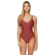 Sunsets Veronica Bathing Suit, Color Tuscan Red, Size Medium A Sleek Little One Piece Is Always The Right Answer. Our Veronica One Piece Is Perfect For Laying By The Pool Or Diving Into It. Featuring A Double Cross Back, Adjustable Straps And Low V-Neck, You'll Want To Take This Bad Boy On Every Summer Trip. Other Features Include Hidden Shelf Bra With Picot Elastic, Removable Cups, A J-Hook That Enables The Straps To Convert To A Cross Back, And Matching Lining. Coverage: Full, Sizes: S,M,L,Xl Red Elegant V-neck Swimwear, Elegant Fitted Red Swimwear, Retro Swim, Hidden Shelf, Sports Swimsuits, High Neck Swimsuits, Crochet One Piece, Skirt Swimsuit, Green Swimsuit