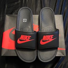 Nike Slides Brand New Size 14 (No Box) Slippers Nike, Nike Black Synthetic Slides, Nike Black Slides With Rubber Sole, Black Nike Slides With Branded Insole, Black Synthetic Slides For Streetwear, Casual Synthetic Slides With Red Sole, Black Open Toe Sporty Sneakers, Black Slides With Rubber Sole, Black Low-top Slides With Rubber Sole