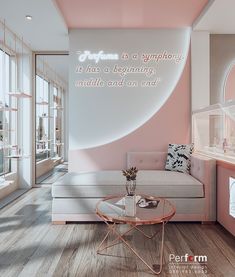 a living room with pink walls and white furniture in the center, along with a quote on the wall that reads'there is a syophy it has a beginning middle