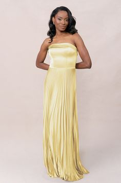 Model: April; Size: 4; Color: Yellow Satin Pleated Dress, Elevated Wedding, Strapless Bridesmaid Dress, Floral Satin Dress, Pleated Satin Dress, European Garden, Bridesmaid Dresses Strapless, Bridesmaids Dresses, Bra Cups