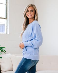 Girlfriend Crewneck Sweatshirt - Spring Blue Spring blue Crewneck Side pockets Ribbed details Good stretch Body: 100% Cotton Ribbing: 95% Cotton 5% Spandex Imported General Sizing: Small (0-4), Medium (6-8), Large (10-12), XLarge (14-16)True to sizeAdrienne is a size 4 and is wearing a Small Measurements: Small: Bust: 22" // Length: 26" Medium: Bust: 22.5" // Length: 26.5" Large: Bust: 23" // Length: 27" XLarge: Bust: 23.5" // Length: 27.5" Bust measurements are taken across the chest laying fla Twenty Two, Blue Crewneck, Blue Spring, New Girlfriend, Blue Springs, Good Stretches, Large Bust, Small Bust, Go Shopping