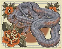 a drawing of a snake with flowers on it's back and an orange rose in the background