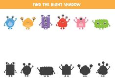 find the right shadow game for children and toddlers with cute cartoon monsters in different colors