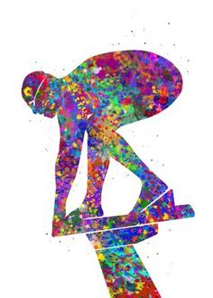 a man riding a skateboard on top of a white surface with colorful paint splatters