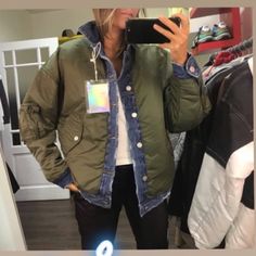 Two Sided Warm Bomber. Puffer Jacket + Denim Jacket. Spring Puffer Jacket With Double-lined Hood, Green Double-lined Hooded Jacket For Cold Weather, Sporty Green Long-sleeve Puffer Jacket, Green Hooded Puffer Jacket With Double-lined Hood, Green Long-sleeve Puffer Jacket With Pockets, Warm Jacket, Puffer, Denim Jacket, Jackets & Coats