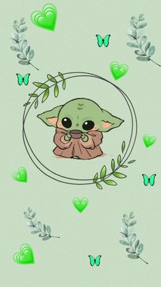 the baby yoda is surrounded by hearts