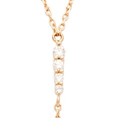 Details 14k yellow or rose gold, 0.11ctw white diamonds, 20" chain length. Description The Pointe refers to an arrow's graceful taper with stones that elegantly graduate in size, envisioned here in yellow gold with dazzling white diamonds. The chain length and bail place the pavé pointe at the center of the wearer’s chest—the perfect place for everyday diamonds. Necklace on model pictured for illustrative purposes. She wears the black diamond Pointe Y Necklace set in 14k yellow gold. 14k Rose Gold Diamond Necklace With Adjustable Chain, Rose Gold Diamond Necklace With Delicate 14k Gold Chain, 14k Rose Gold Diamond Necklace With Delicate Chain, Timeless Rose Gold Diamond Necklace With Rose Cut, Rose Gold 14k Diamond Necklace With Single Cut Diamonds, Diamonds Necklace, Y Necklace, Model Pictures, White Diamonds