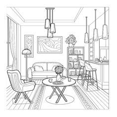 a drawing of a living room with chairs and a table in the middle of it