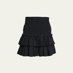 Etoile Isabel Marant "Naomi" tiered mini skirt High-rise smocked waistband  Hem falls above the knee Circle-cut silhouette Slip-on style  Cotton/viscose Lining: Cotton Dry clean Imported Black Tiered Gathered Skirt, Chic Mini Skirt With Smocked Bodice, Chic Ruched Smocked Dress With Tiered Skirt, Chic Smocked Dress With Ruched Tiered Skirt, Chic Smocked Dress With Tiered Skirt, Ruched Tiered Skirt Smocked Dress, Flowy Tiered Skirt With Smocked Back, Chic Tiered Mini Skirt With Elastic Waistband, Fitted Tiered Skirt With Smocked Back