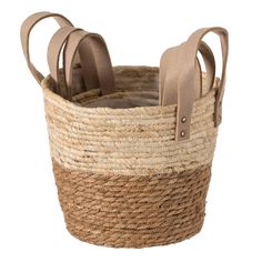 an empty basket with two handles and rope