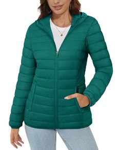 PRICES MAY VARY. [ Ultra-light & Water Resistant ]: The shell of this puffer jacket is nylon,the interior is filled with polyester cotton. The maximum weight of this jacket is only 482 grams. And the water-resistant fabric can help you drier and warmer in rainy or snowy days. [ 2 Side Zip Pockets & 2 Inner Pockets ]: The casual hooded jackets have 2 side zip pockets to keep your hands warm. In addition, the zip pockets and the interior pockets are convenient and safe for you to storage your esse Hooded Puffer Jacket, Womens Wide Leg Pants, Light Water, Lightweight Quilt, Puffer Jacket Women, Flannel Women, Padded Coat, Womens Tops Summer, Polo Shirt Women